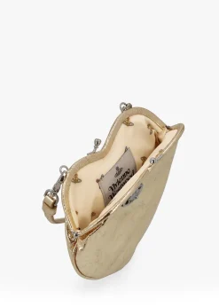 Belle Gold Metallic Crinkle Leather Heart Frame Cross-Body Bag