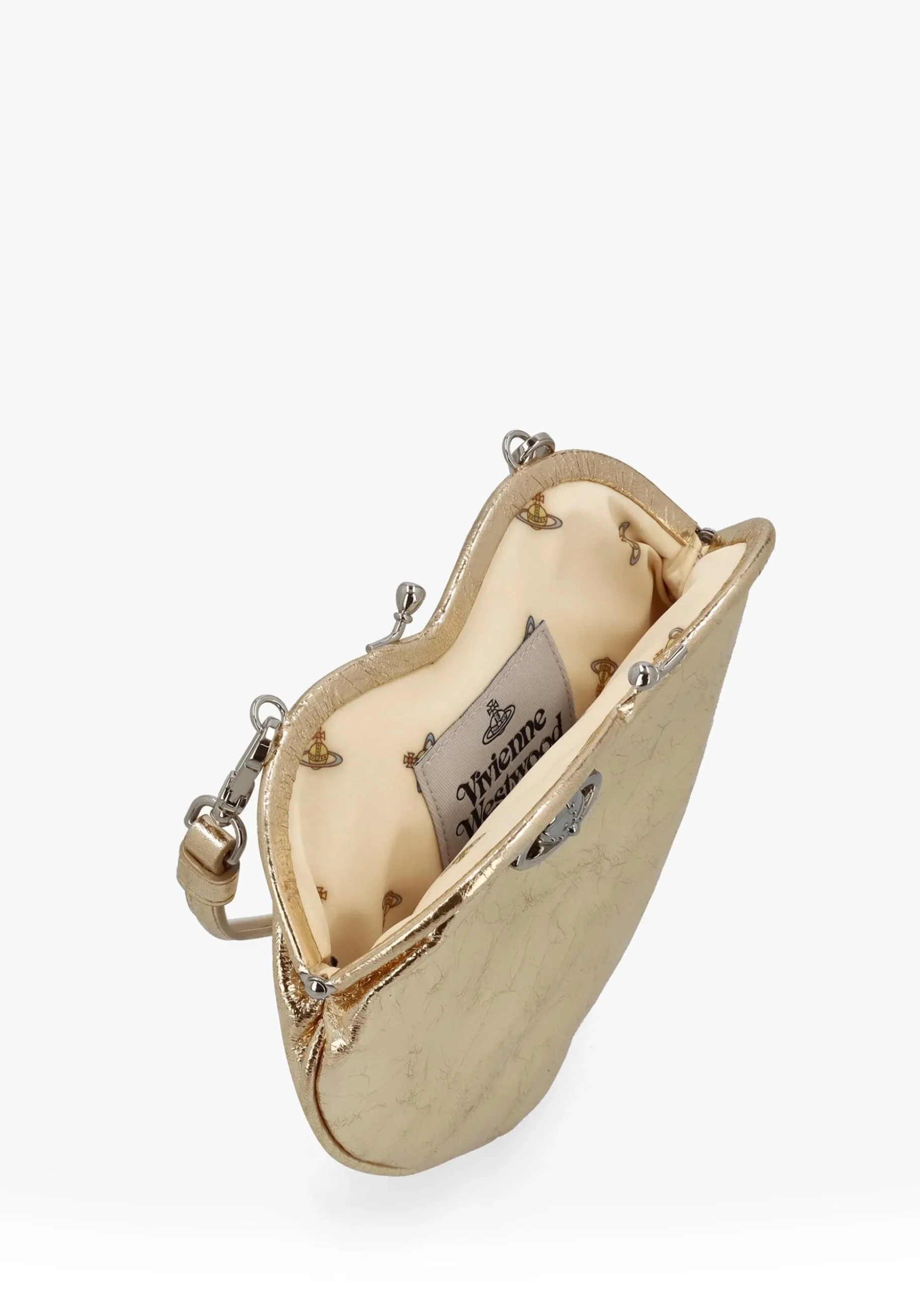 Belle Gold Metallic Crinkle Leather Heart Frame Cross-Body Bag