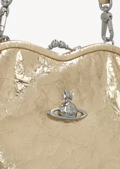 Belle Gold Metallic Crinkle Leather Heart Frame Cross-Body Bag