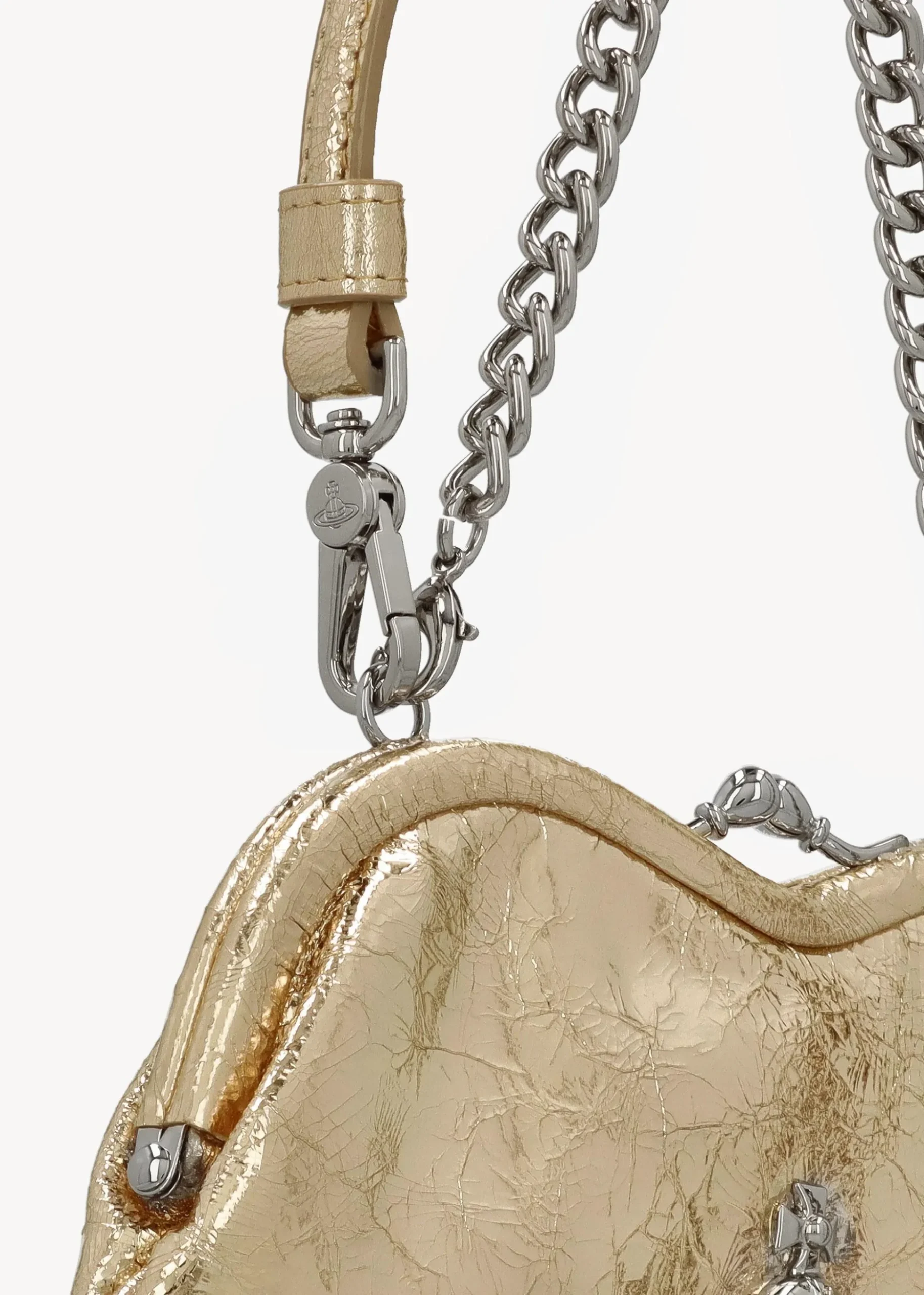 Belle Gold Metallic Crinkle Leather Heart Frame Cross-Body Bag