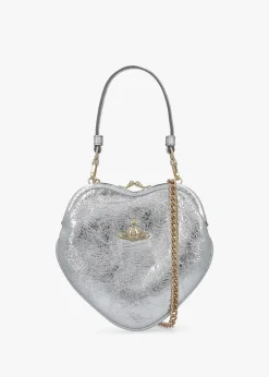 Belle Silver Metallic Crinkle Leather Heart Frame Cross-Body Bag