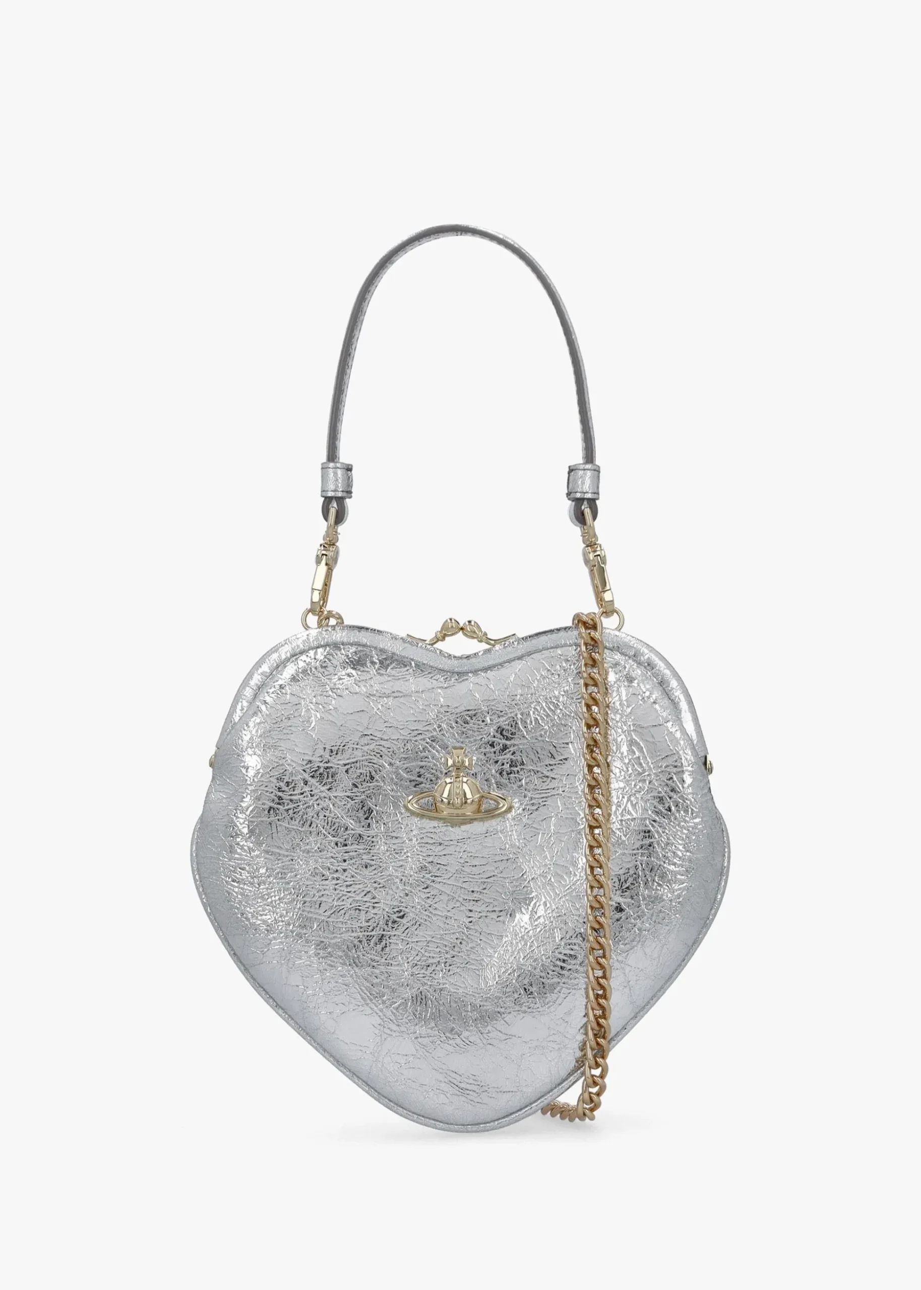 Belle Silver Metallic Crinkle Leather Heart Frame Cross-Body Bag