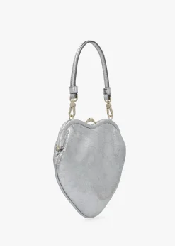 Belle Silver Metallic Crinkle Leather Heart Frame Cross-Body Bag