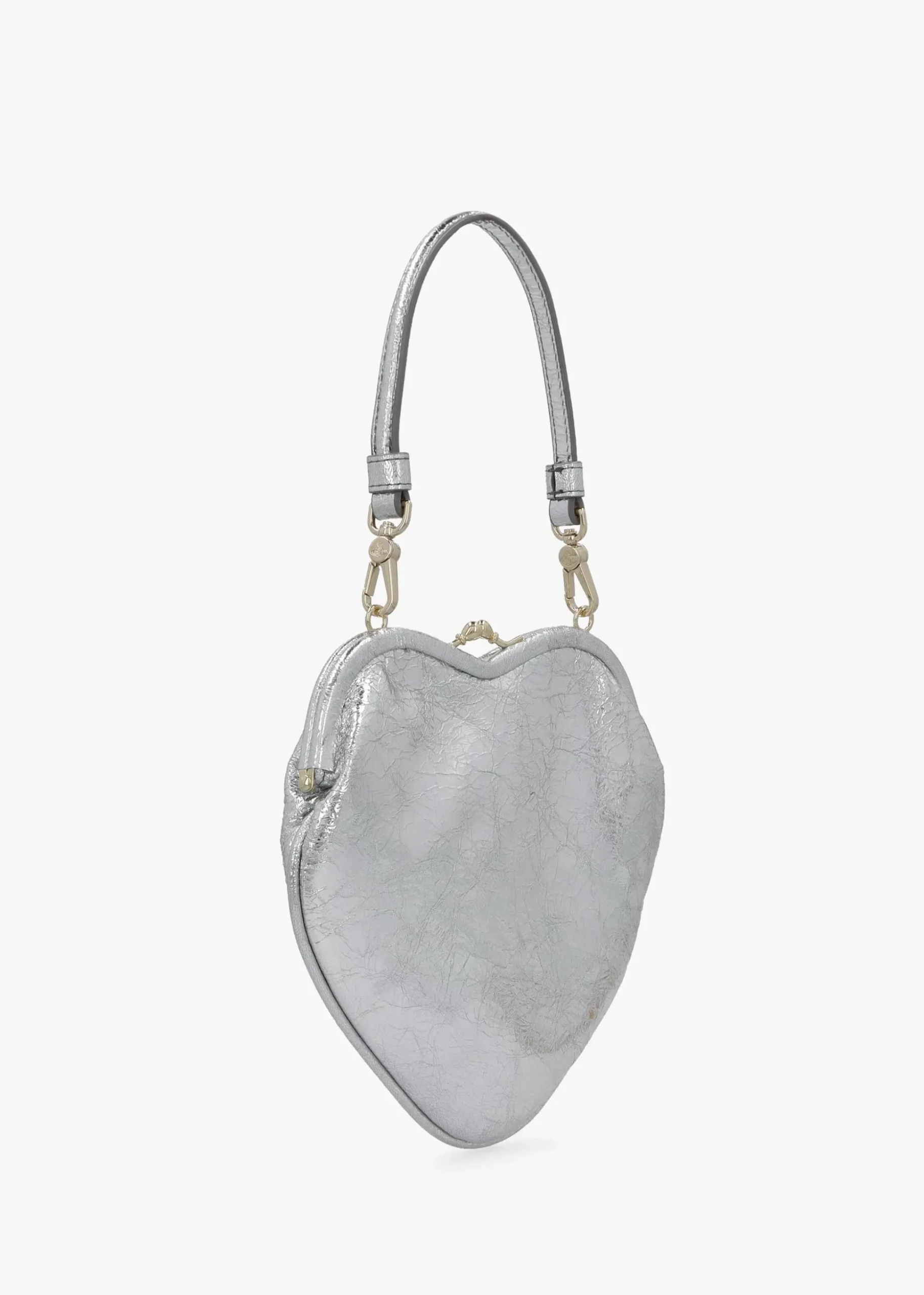 Belle Silver Metallic Crinkle Leather Heart Frame Cross-Body Bag