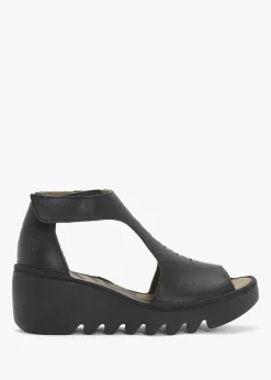 Bezo Black Leather Wedge Sandals