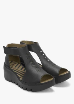 Bezo Black Leather Wedge Sandals