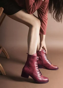 Bezzie Burgundy Leather Block Heel Ankle Boots