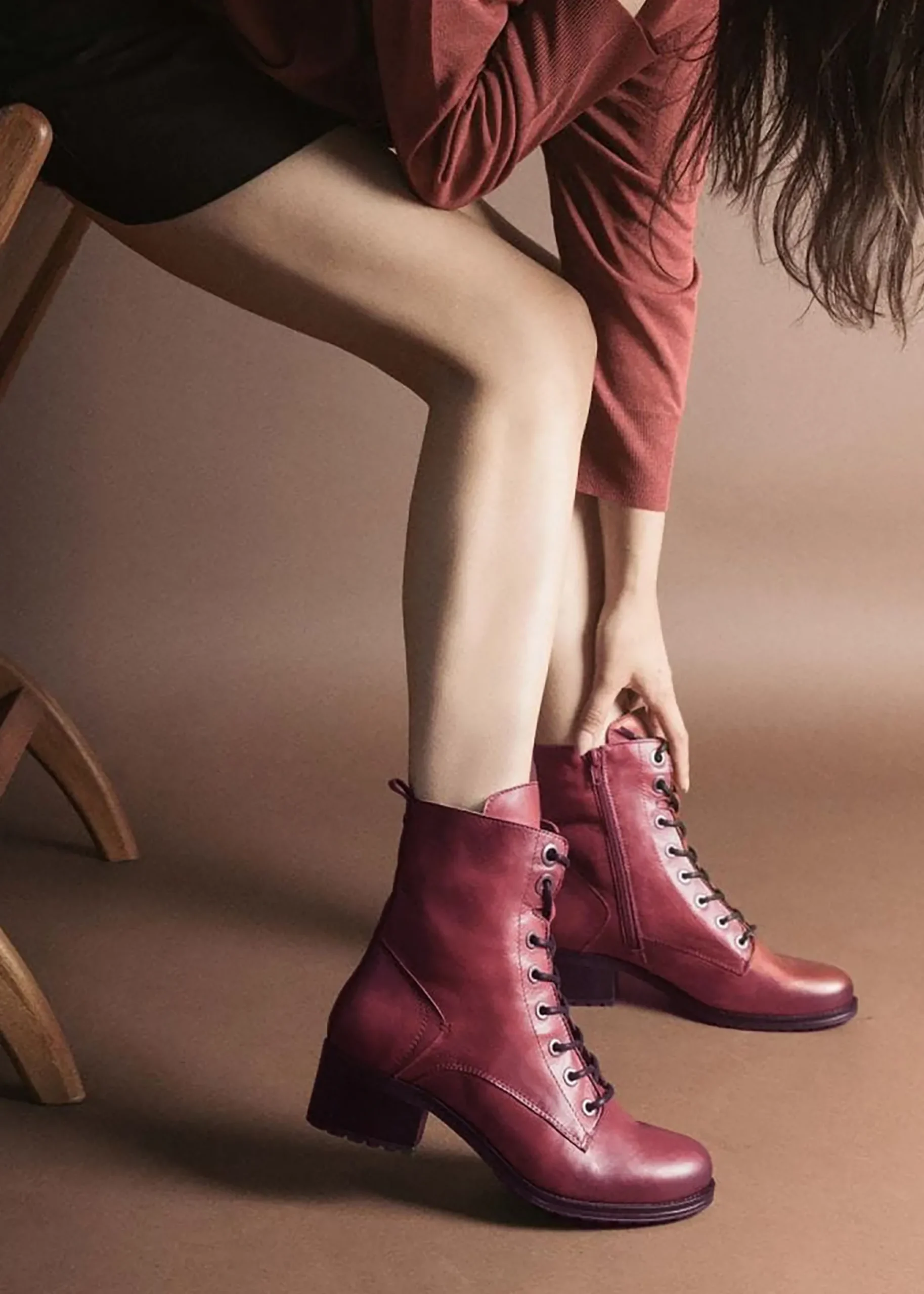Bezzie Burgundy Leather Block Heel Ankle Boots