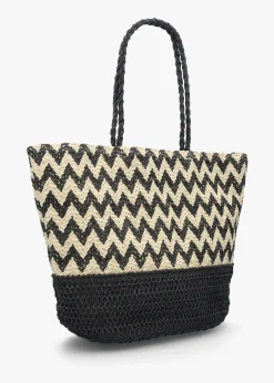 Black & Beige Woven Paper Chevron Shopper Bag