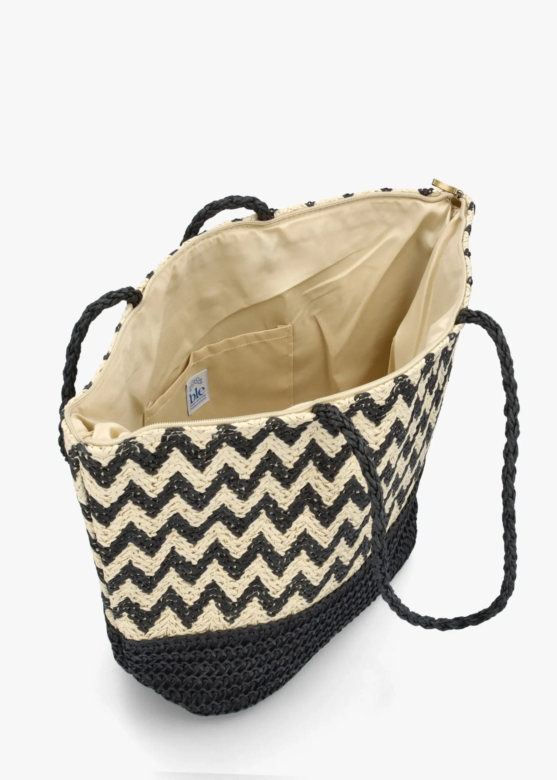 Black & Beige Woven Paper Chevron Shopper Bag