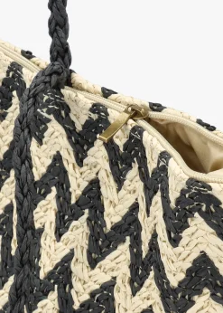 Black & Beige Woven Paper Chevron Shopper Bag
