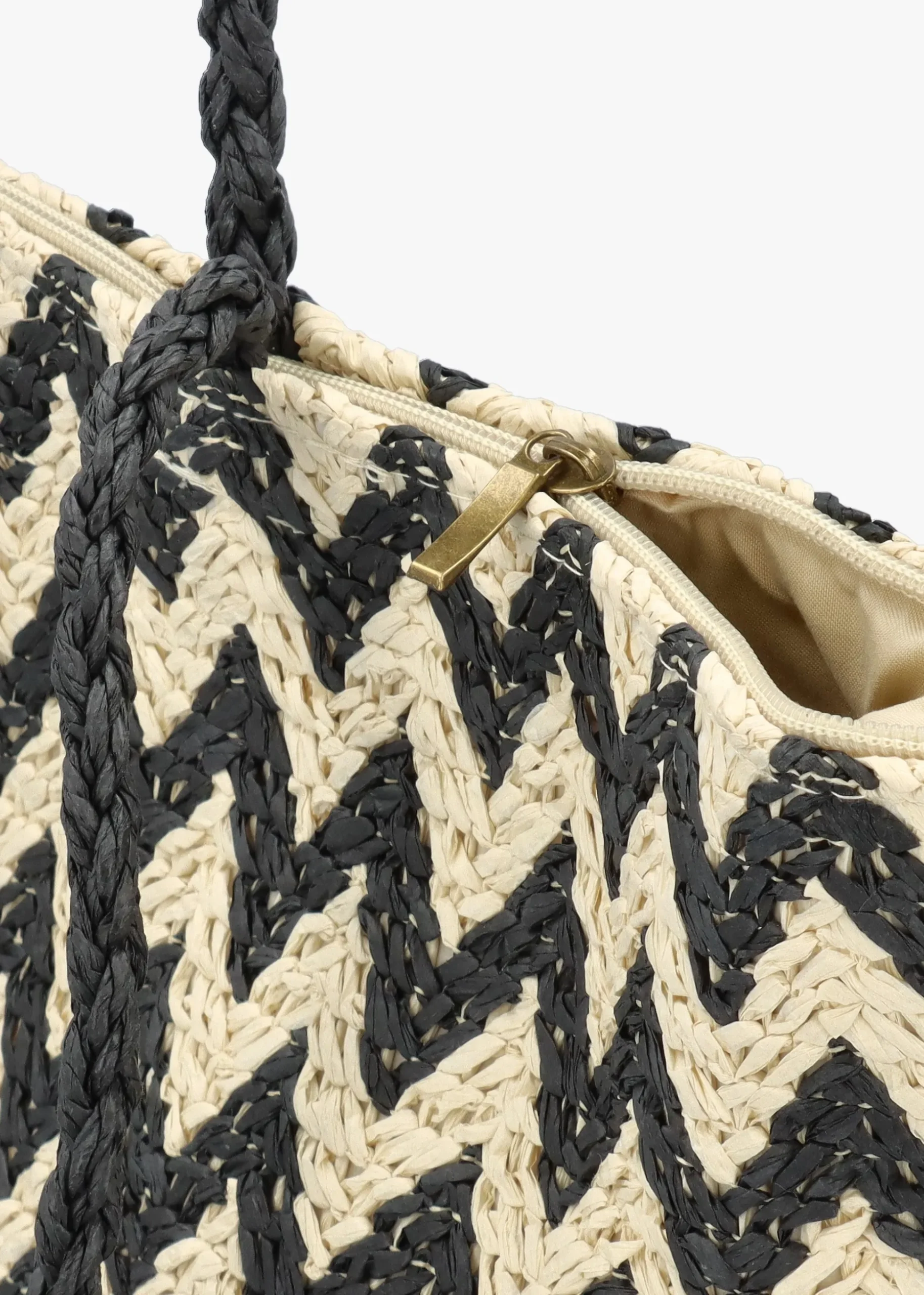 Black & Beige Woven Paper Chevron Shopper Bag