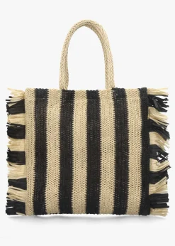 Black & Ecru Woven Straw Fringe Trim Shopper Bag