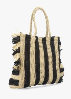 Black & Ecru Woven Straw Fringe Trim Shopper Bag