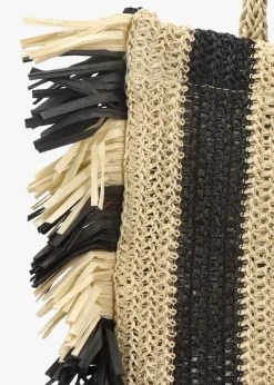 Black & Ecru Woven Straw Fringe Trim Shopper Bag
