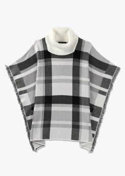 Black & White Knitted Checked Fringe Poncho