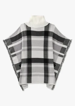 Black & White Knitted Checked Fringe Poncho