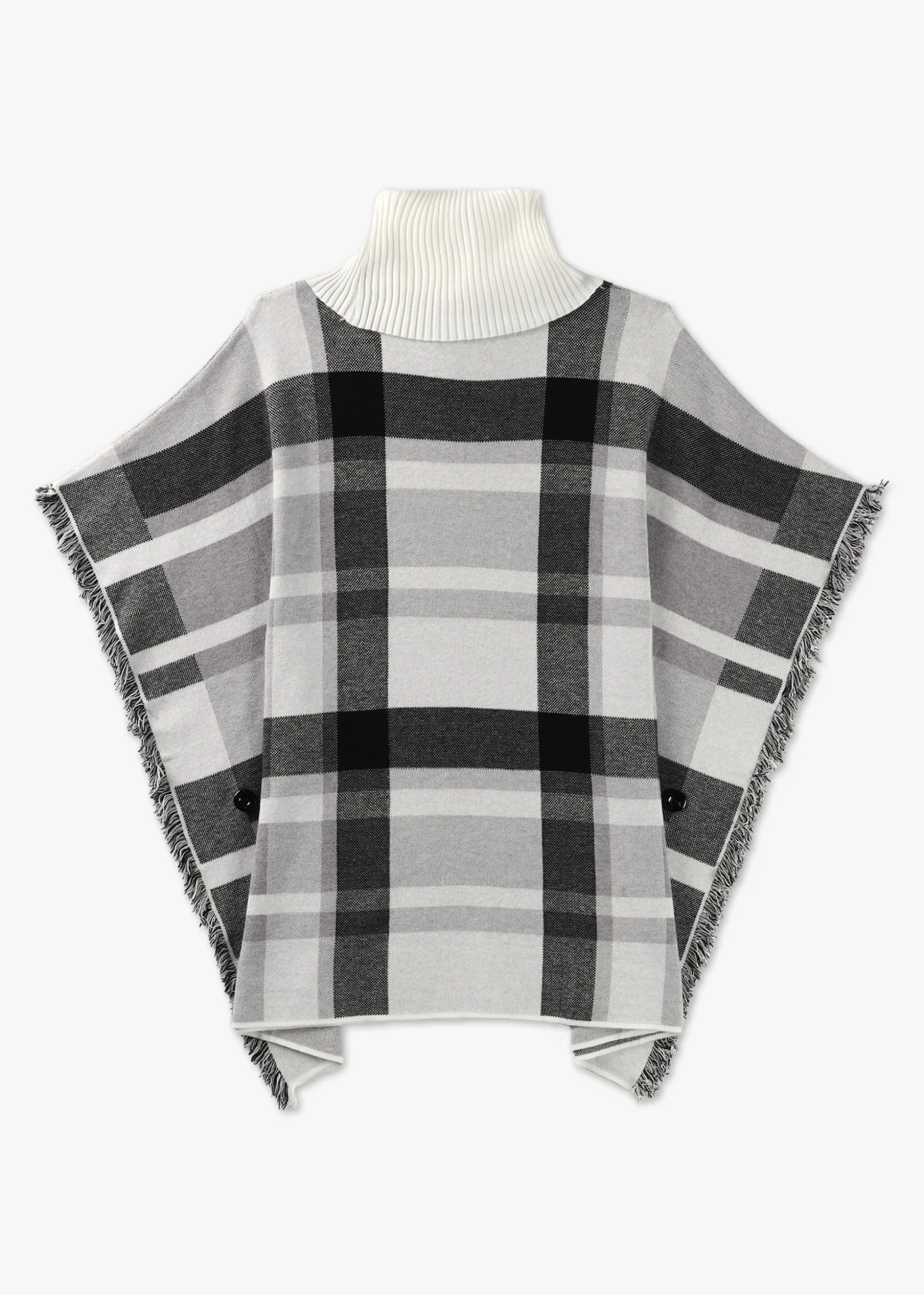 Black & White Knitted Checked Fringe Poncho
