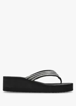 Black Diamante Toe Post Wedge Flip Flops