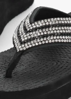 Black Diamante Toe Post Wedge Flip Flops