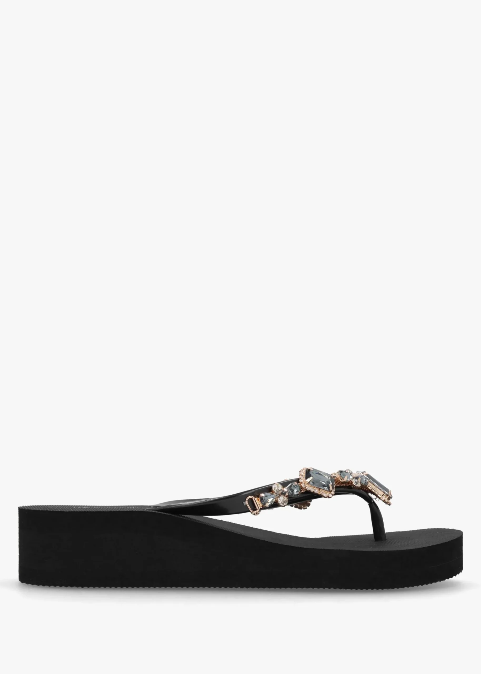 Black Embellished Toe Post Wedge Flip Flops
