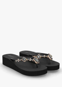 Black Embellished Toe Post Wedge Flip Flops