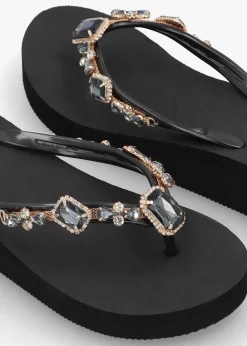 Black Embellished Toe Post Wedge Flip Flops