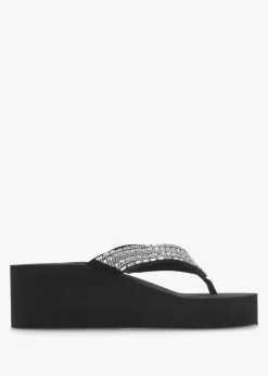 Black Embellished Toe Post Chunky Wedge Flip Flops