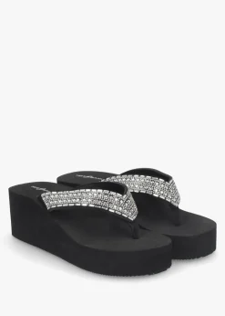 Black Embellished Toe Post Chunky Wedge Flip Flops