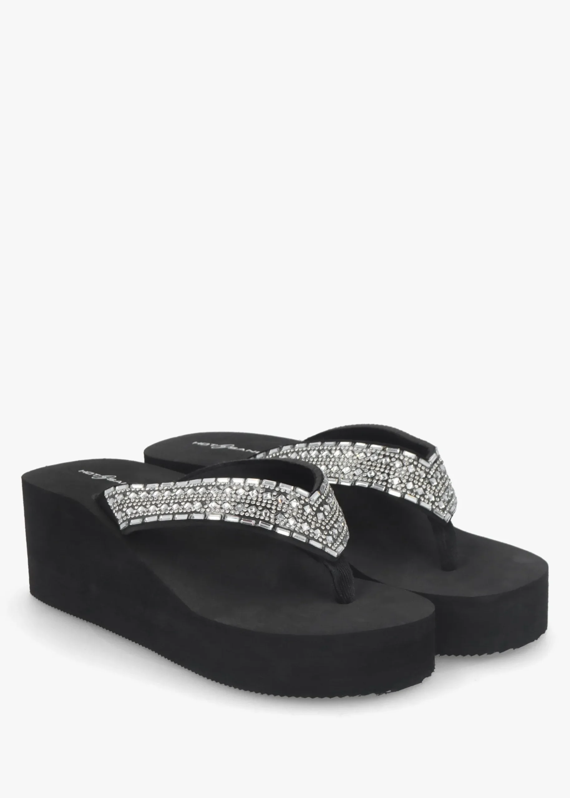 Black Embellished Toe Post Chunky Wedge Flip Flops