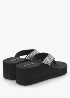 Black Embellished Toe Post Chunky Wedge Flip Flops