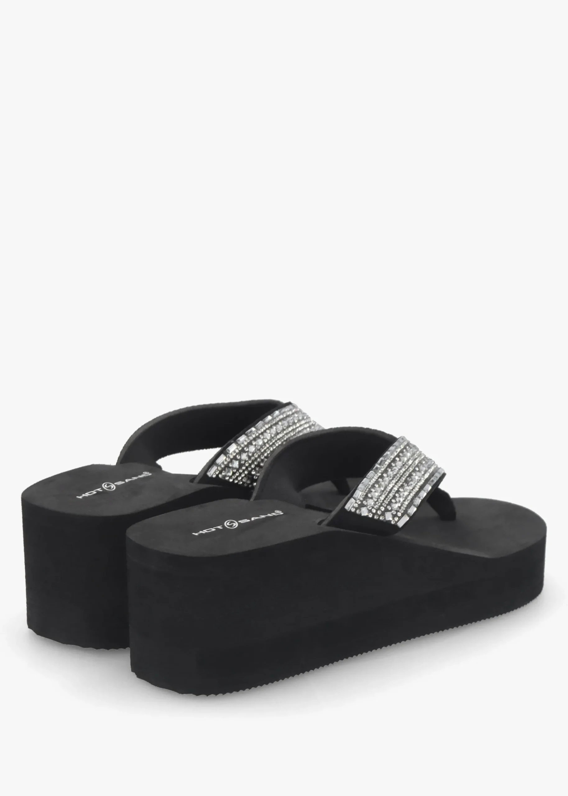 Black Embellished Toe Post Chunky Wedge Flip Flops