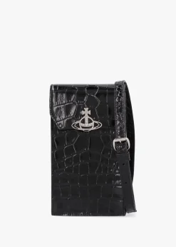 Black Embossed Croc Leather Phone Bag