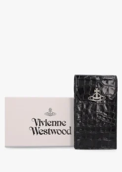 Black Embossed Croc Leather Phone Bag