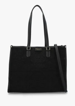 Black Embossed Crochet & Leather Tote Bag