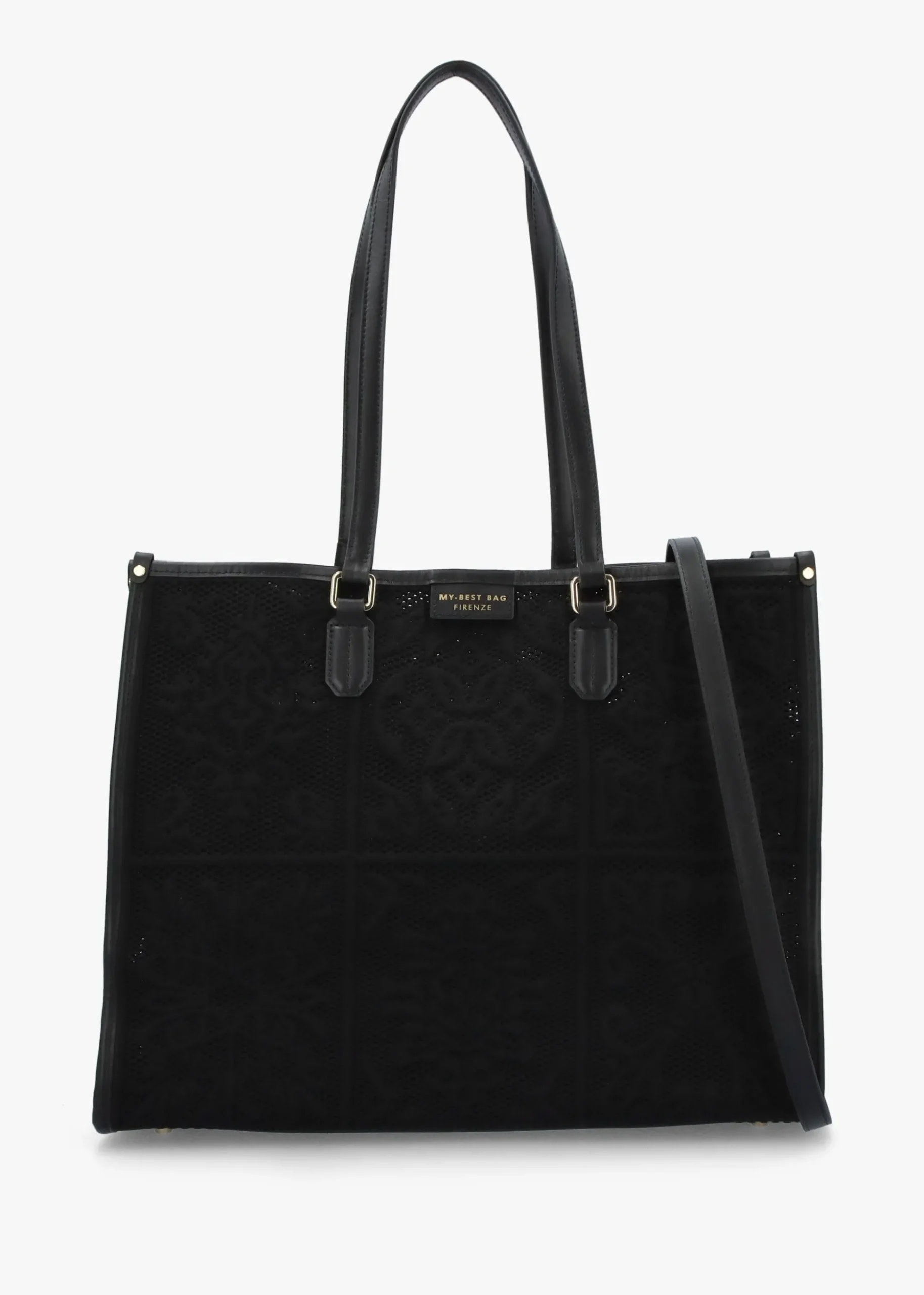 Black Embossed Crochet & Leather Tote Bag