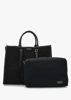 Black Embossed Crochet & Leather Tote Bag