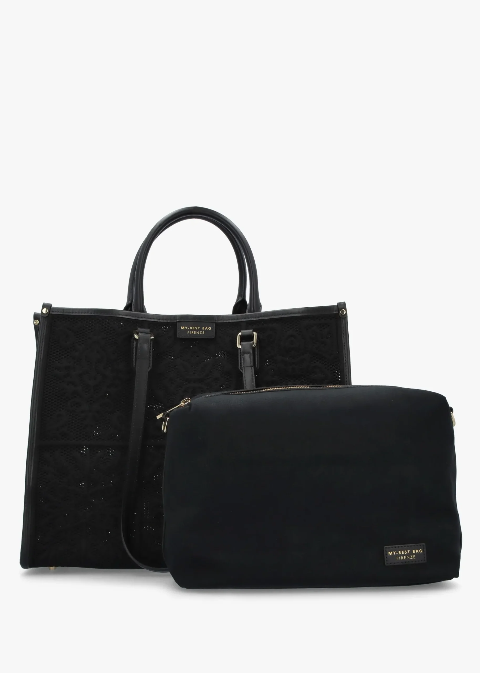 Black Embossed Crochet & Leather Tote Bag