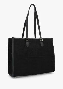 Black Embossed Crochet & Leather Tote Bag