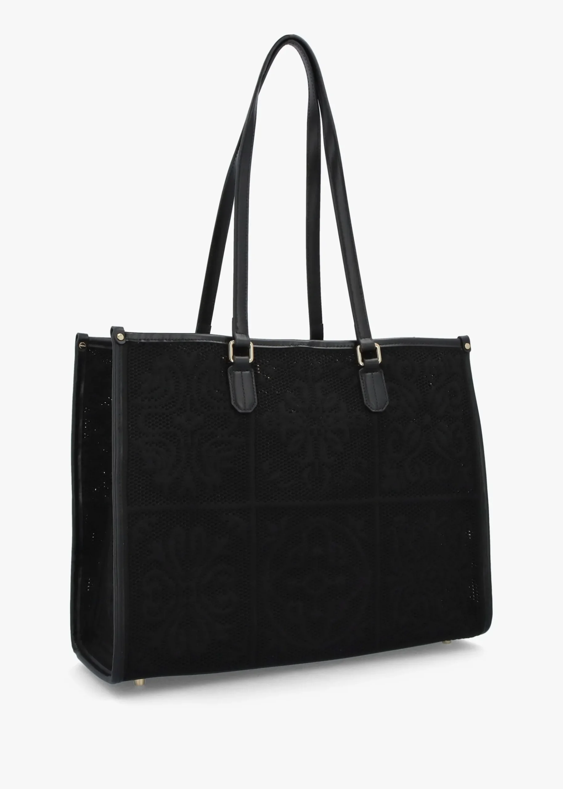 Black Embossed Crochet & Leather Tote Bag