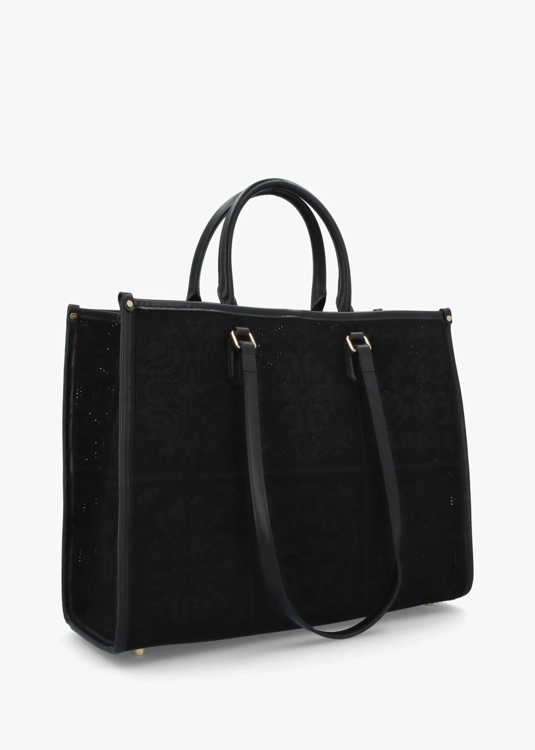 Black Embossed Crochet & Leather Tote Bag