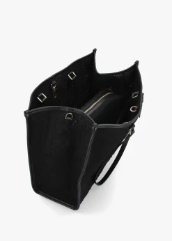 Black Embossed Crochet & Leather Tote Bag