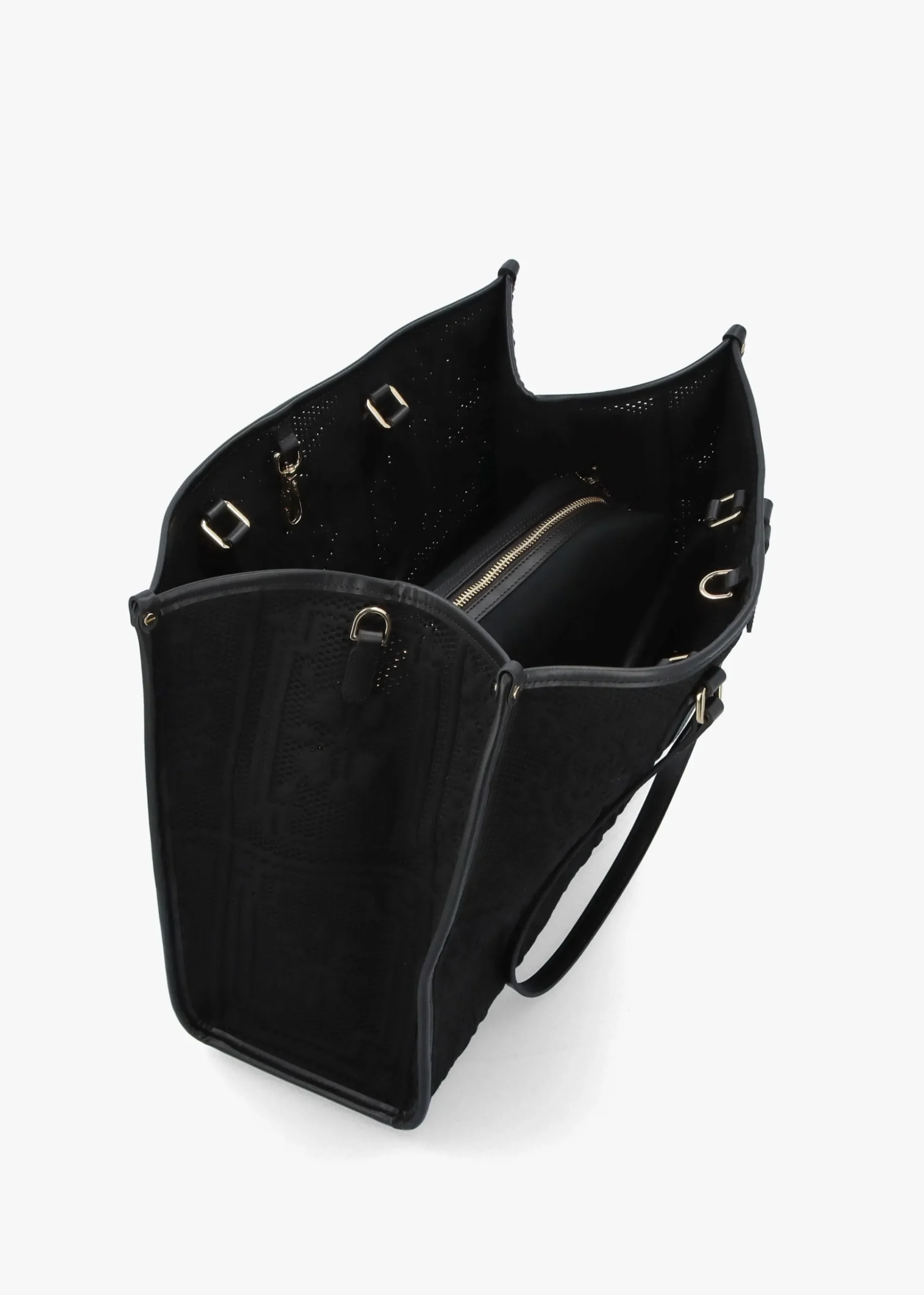 Black Embossed Crochet & Leather Tote Bag