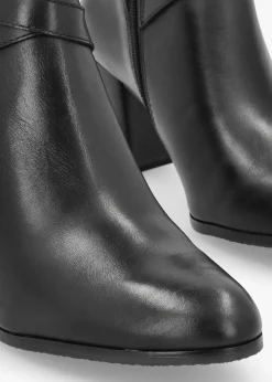 Black Leather Block Heel Ankle Boots