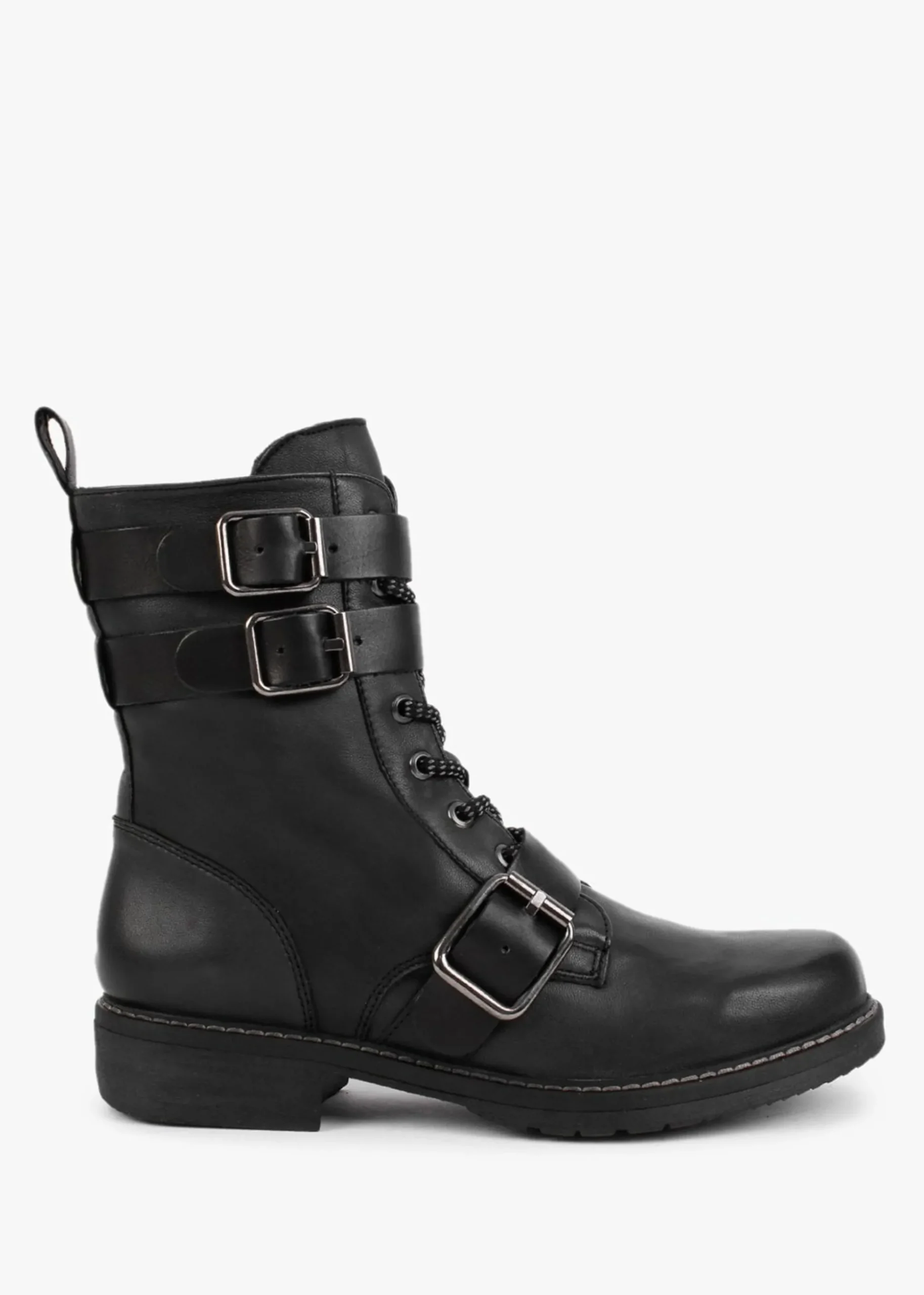Black Leather Buckled Ankle Boots