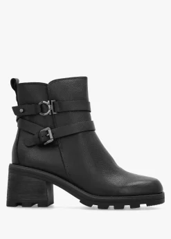 Black Leather Chunky Block Heel Ankle Boots