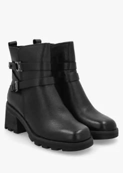 Black Leather Chunky Block Heel Ankle Boots