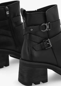 Black Leather Chunky Block Heel Ankle Boots