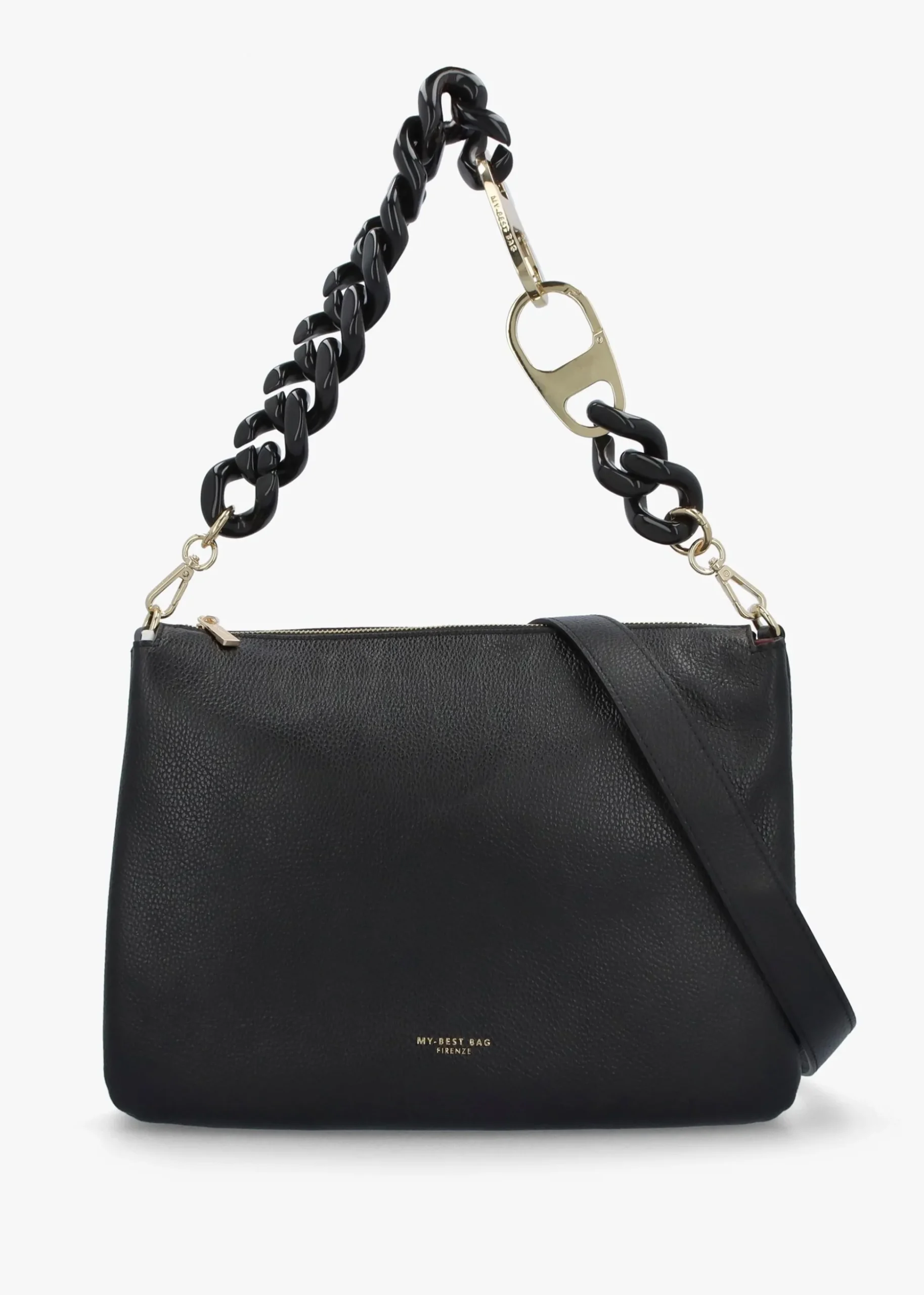 Black Leather Chunky Chain Strap Shoulder Bag