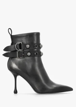 Black Leather Embellished Ankle Strap Shaped Heel Boots